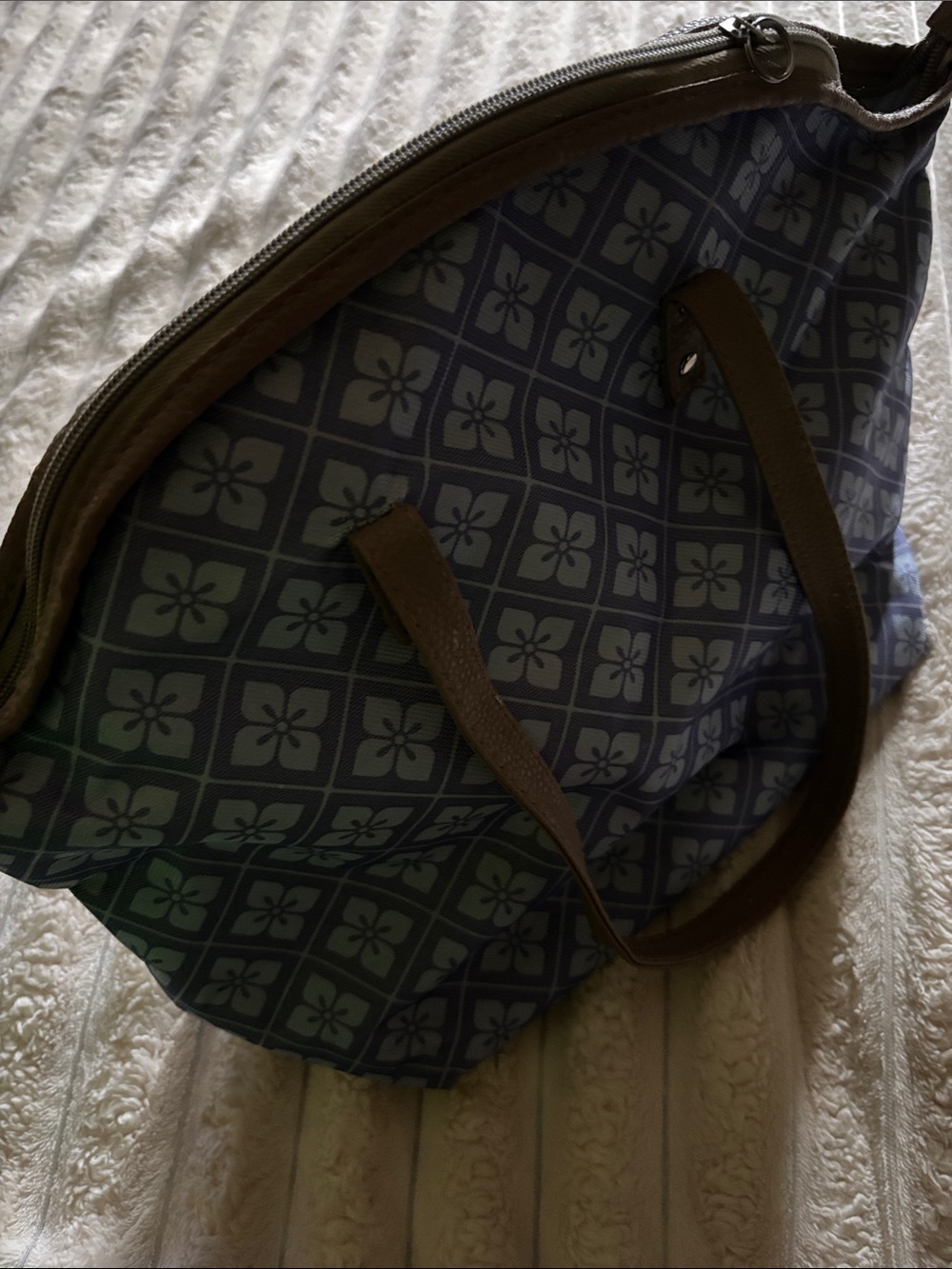 Blue Patterned Tote Bag with Brown Handles